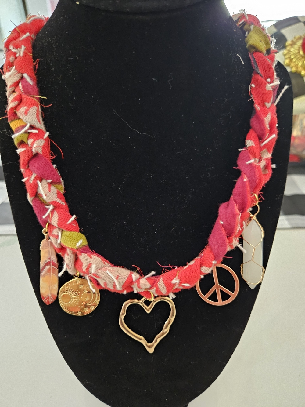 Red Braided Kantha Charm Necklace with Heart & Peace Pendant